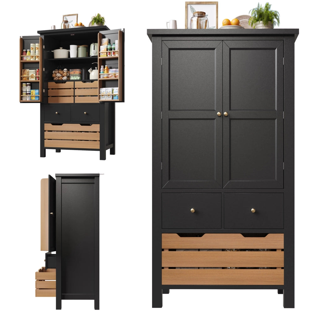 Credenza alta da cucina 80x40x140 cm nera con 2 ante e 5 cassetti