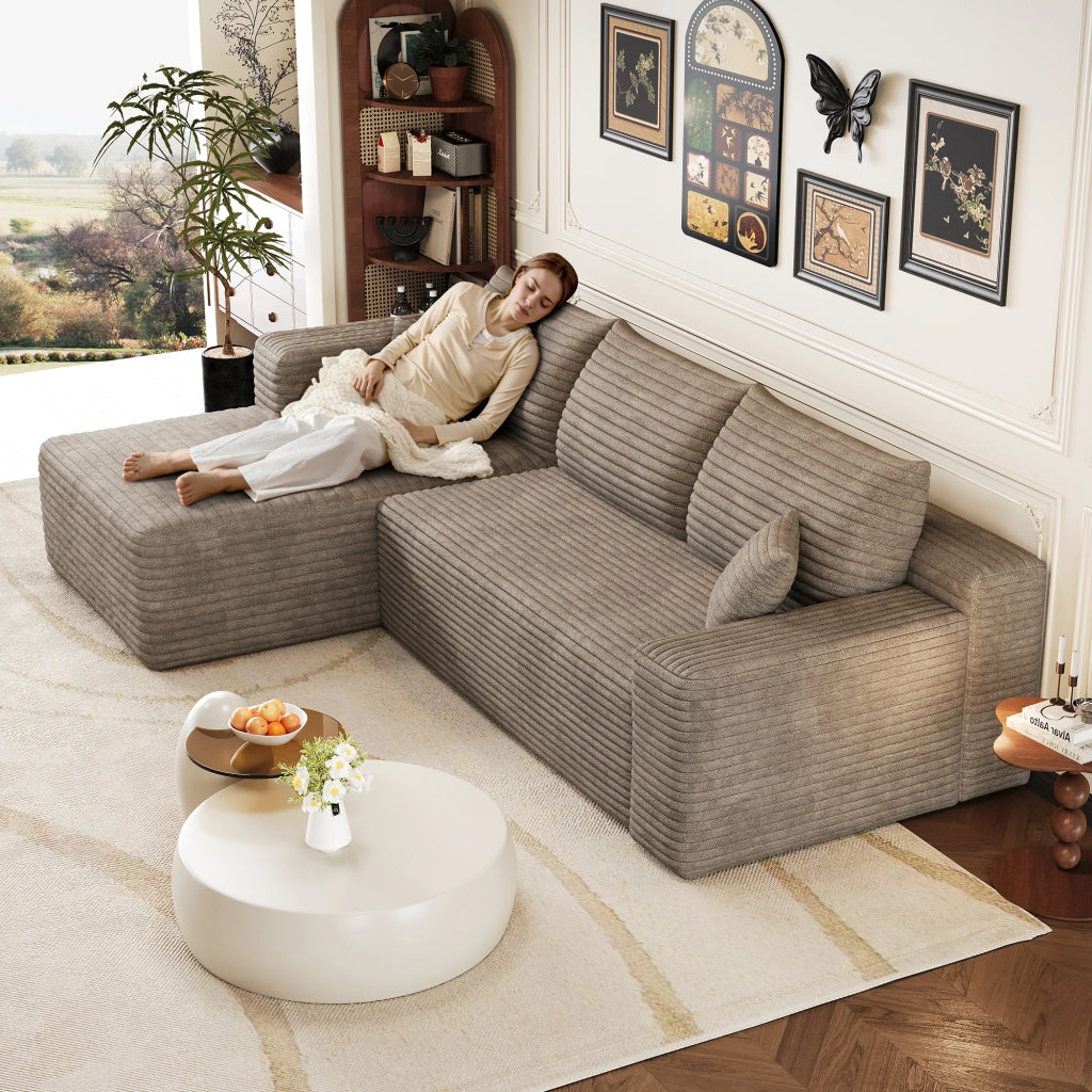 Divano angolare in tessuto con schiuma elastica e design ondulato senza montaggio camel 241 × 151 × 58 cm