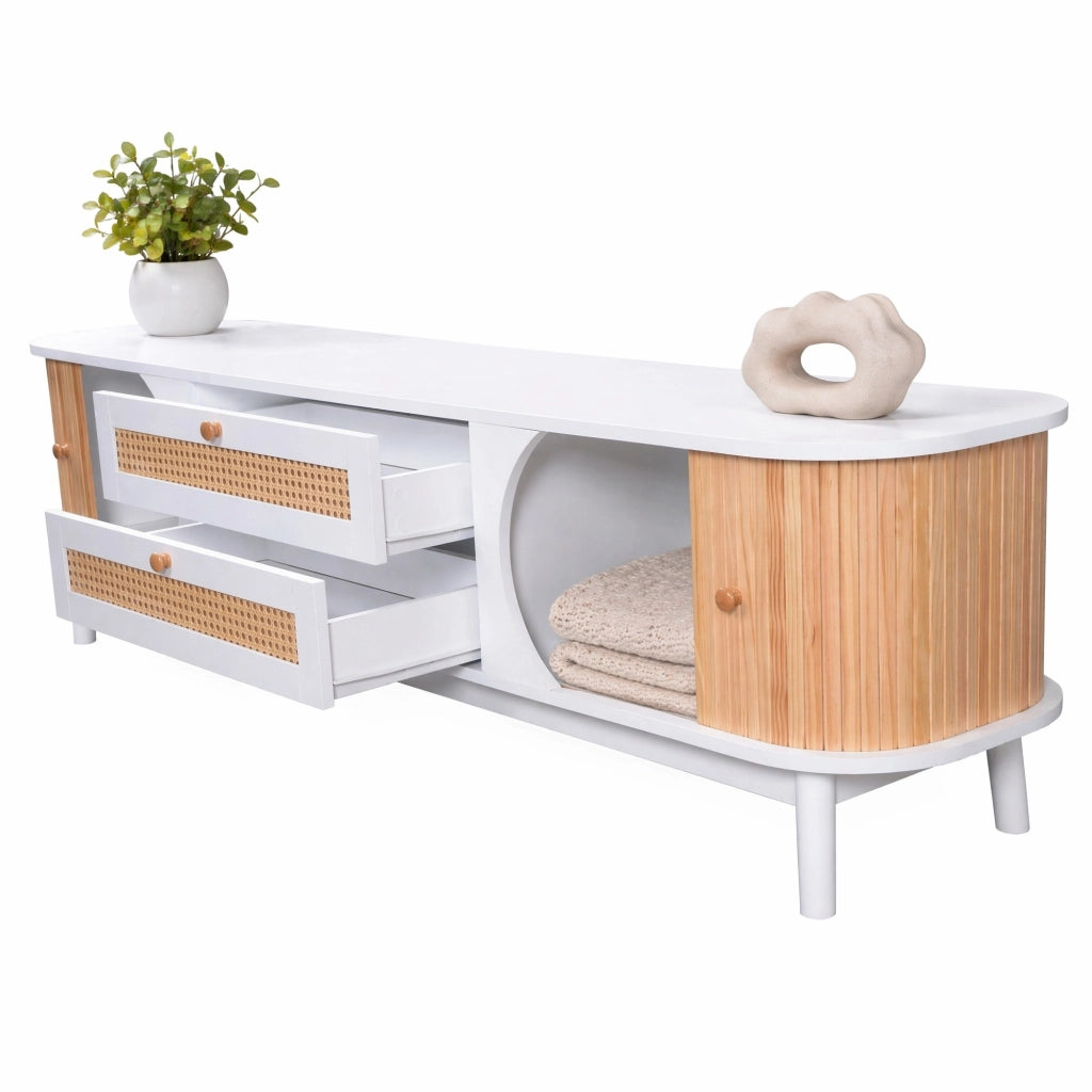 Mobile TV moderno 170 cm bianco effetto legno con ante e cassetti in rattan