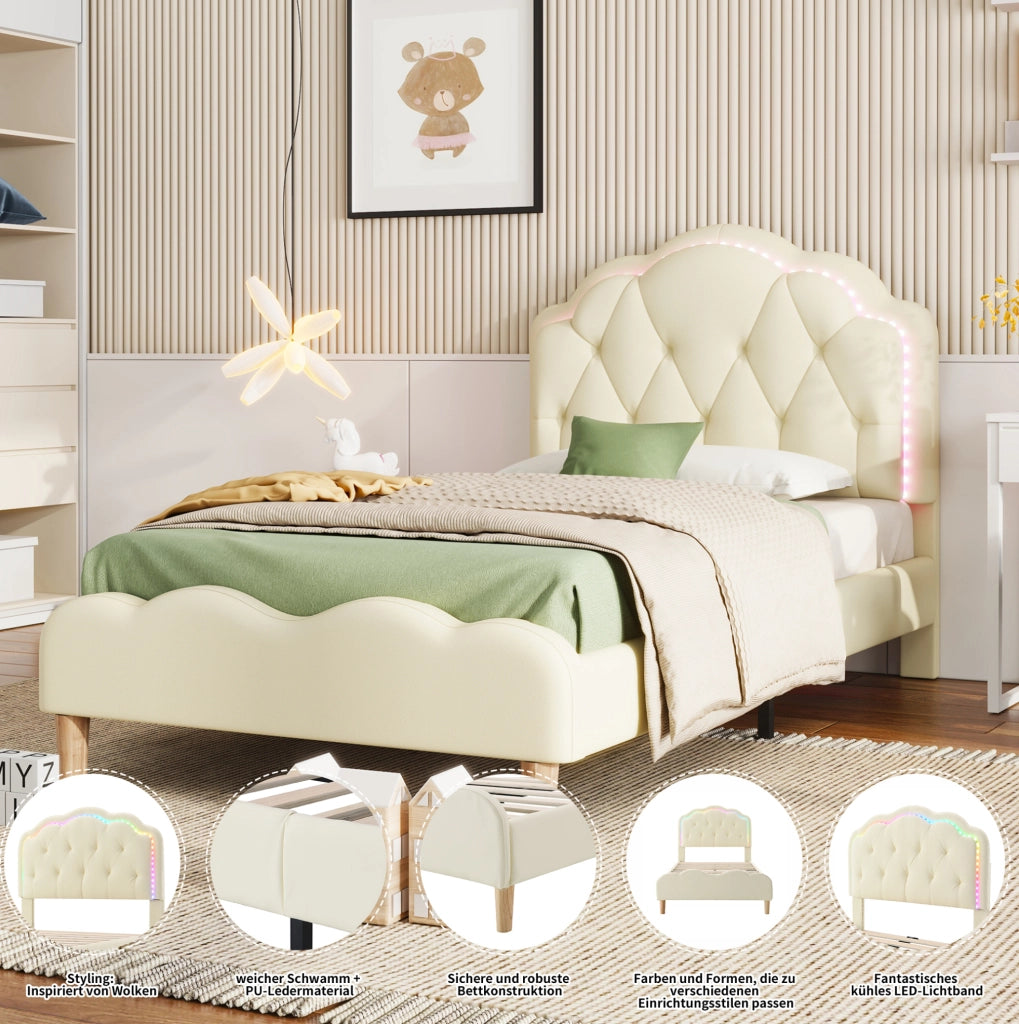 Letto imbottito in PU beige con testiera ondulata e strisce luminose multicolore