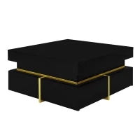 Tavolino da salotto laccato lucido con cassetti e dettagli dorati, 70×70×35,5 cm, Nero