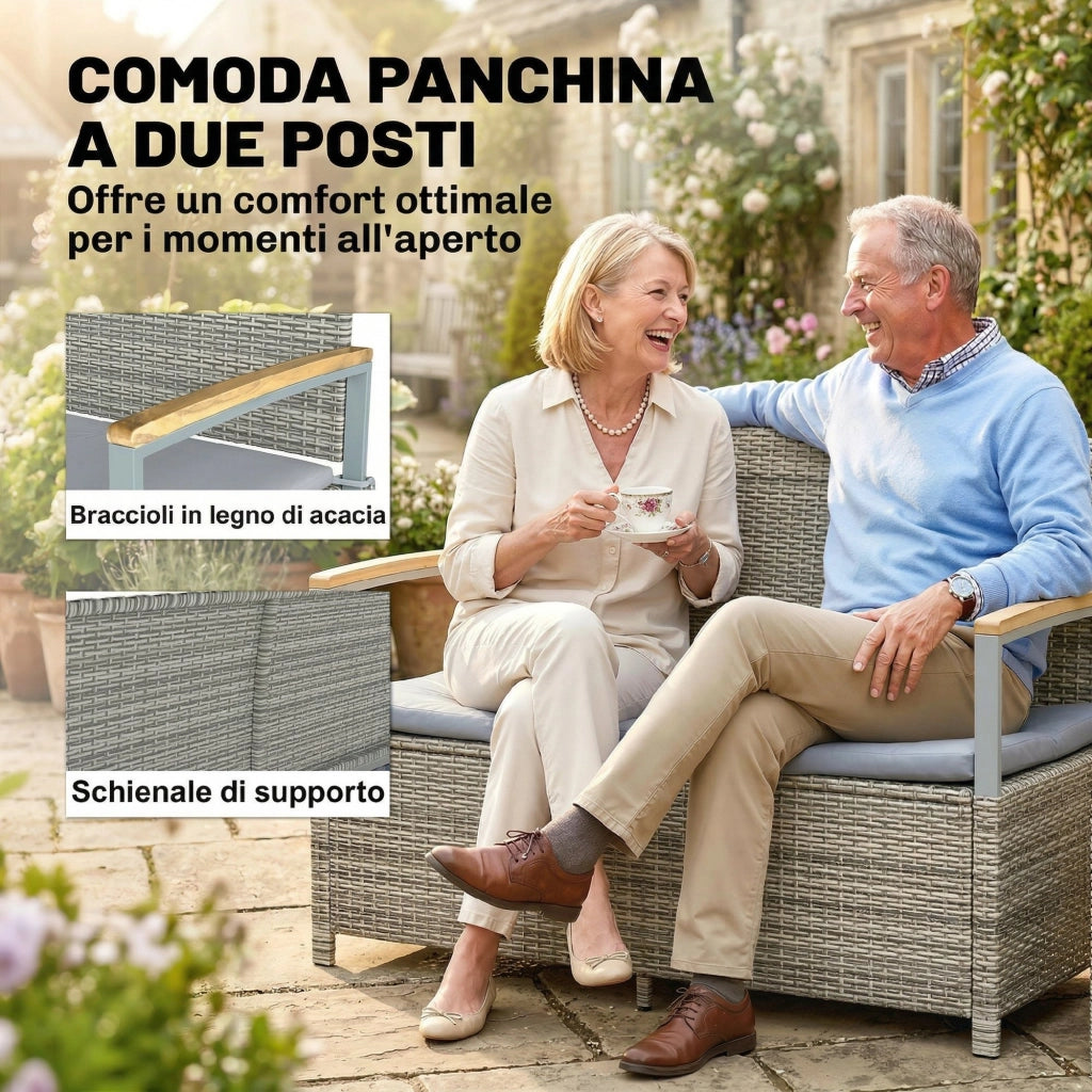 Panca Giardino 170L, 2 Posti Rattan con Cuscino, Grigio Chiaro