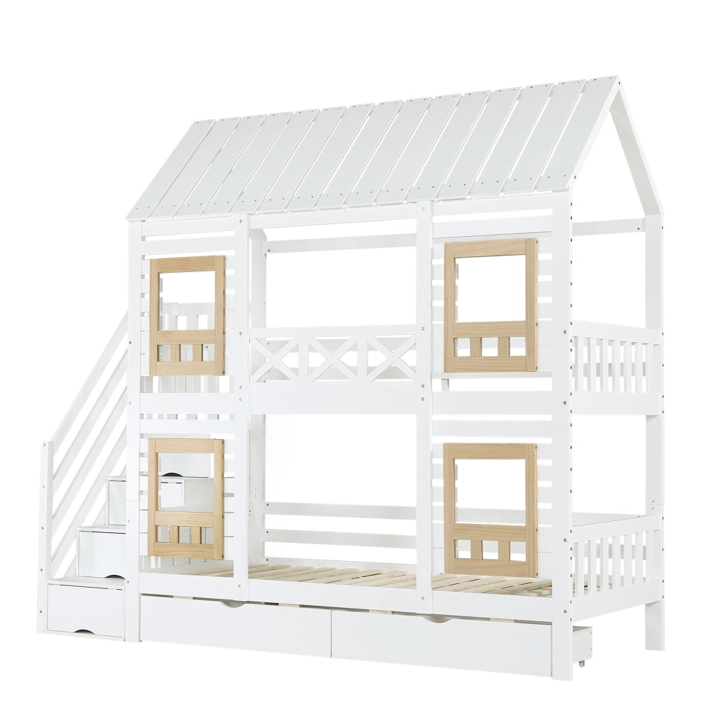 Letto a castello ULEVR 90x200 cm con 2 cassetti, scala con 4 vani e finestre, bianco e naturale