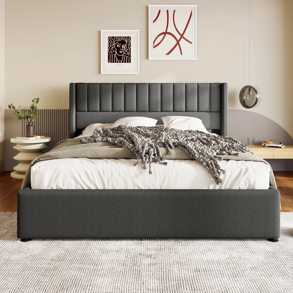 Letto matrimoniale idraulico – 160x200 cm – rete legno e metallo – lino grigio