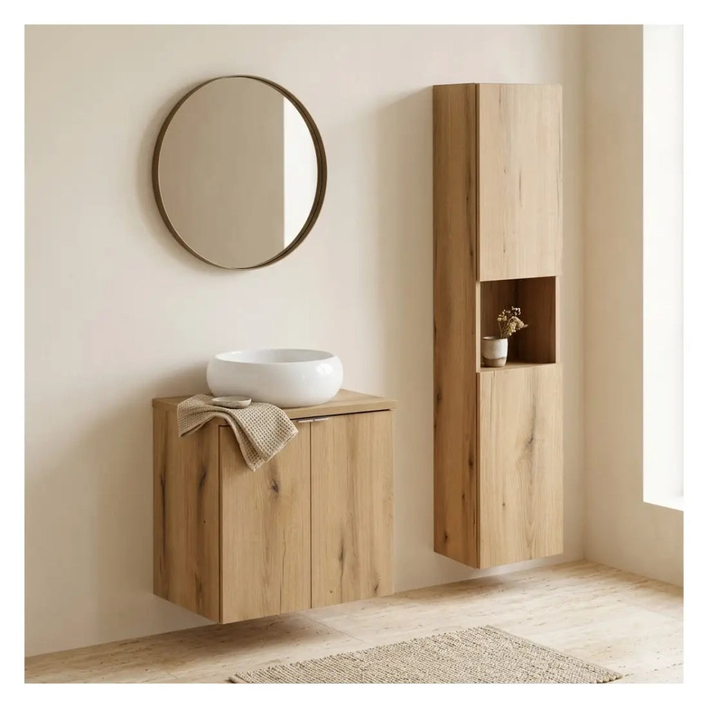 Insieme VANO effetto rovere 90cm: mobile sotto lavabo con armadietti + piano per lavabo + lavabo da appoggio rotondo bianco + colonna