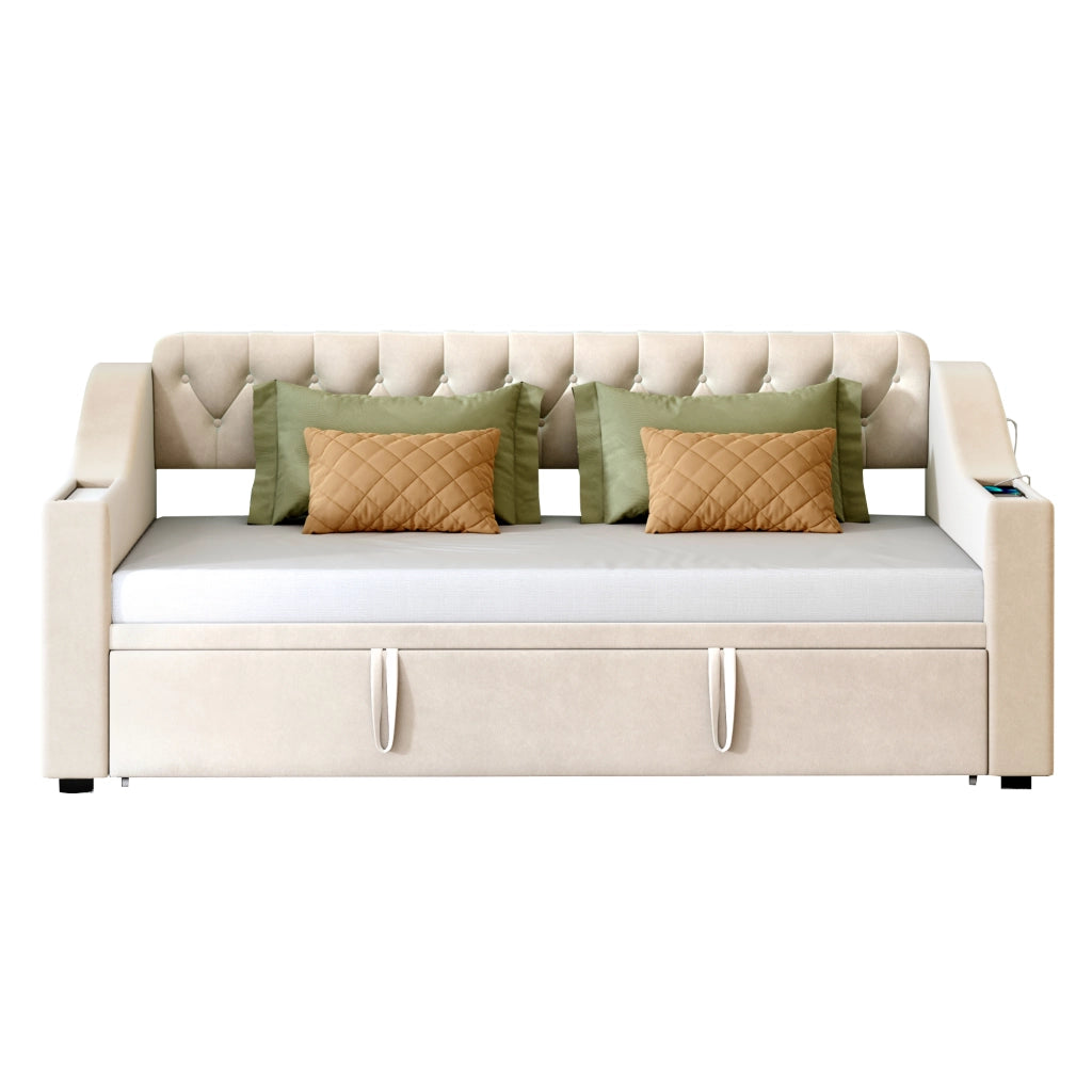 DESMIU Litto semplice 90 × 190 cm 1 posto con USB, Type-C e vani portaoggetti, senza materasso, in velluto, beige
