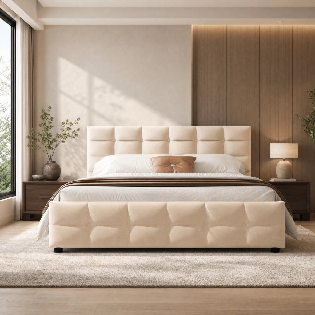 Letto imbottito 180 × 200 cm 2 posti con contenitore idraulico, senza materasso, in velluto beige