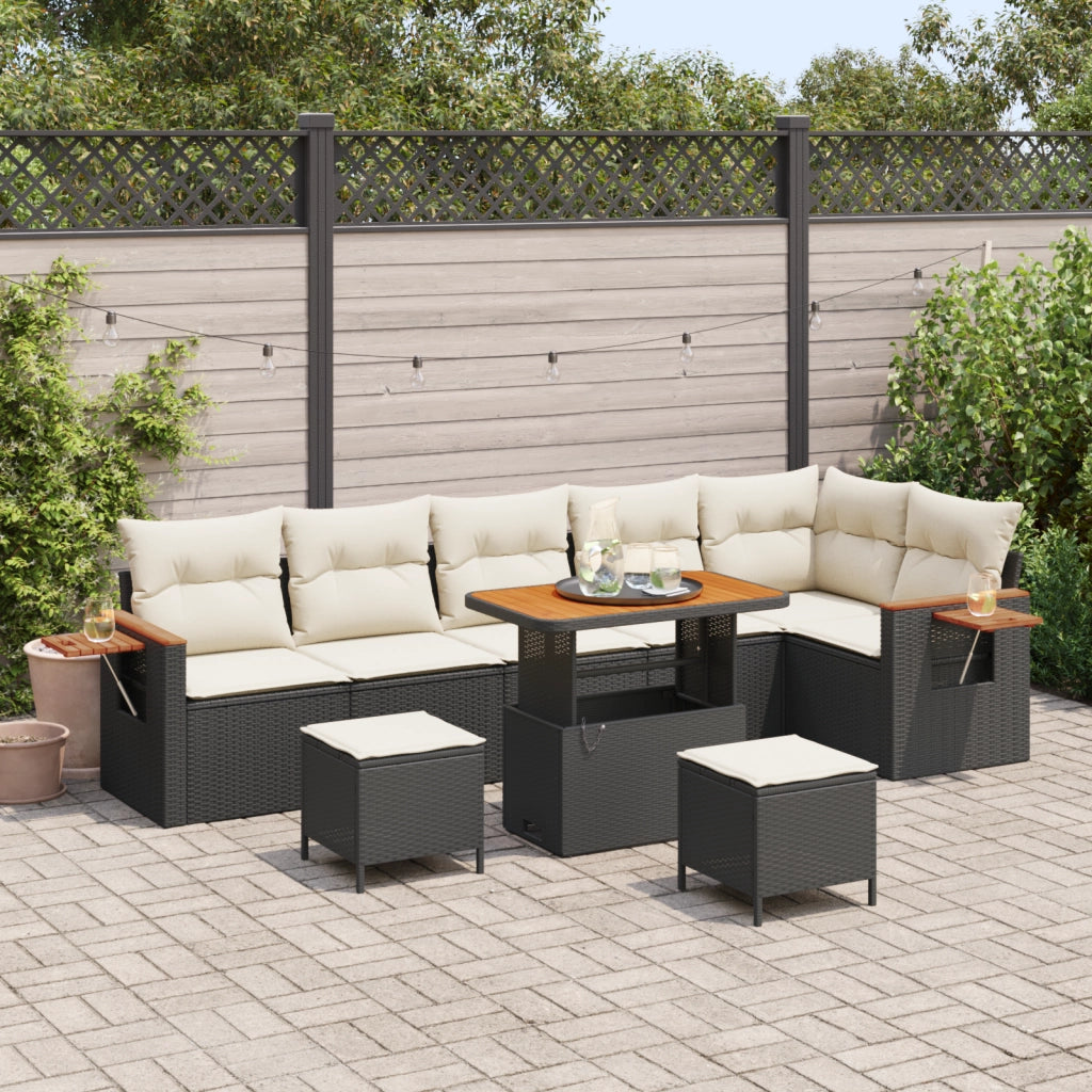 Set Divano da Giardino 9 Pezzi con Cuscini Nero Polyrattan Acacia