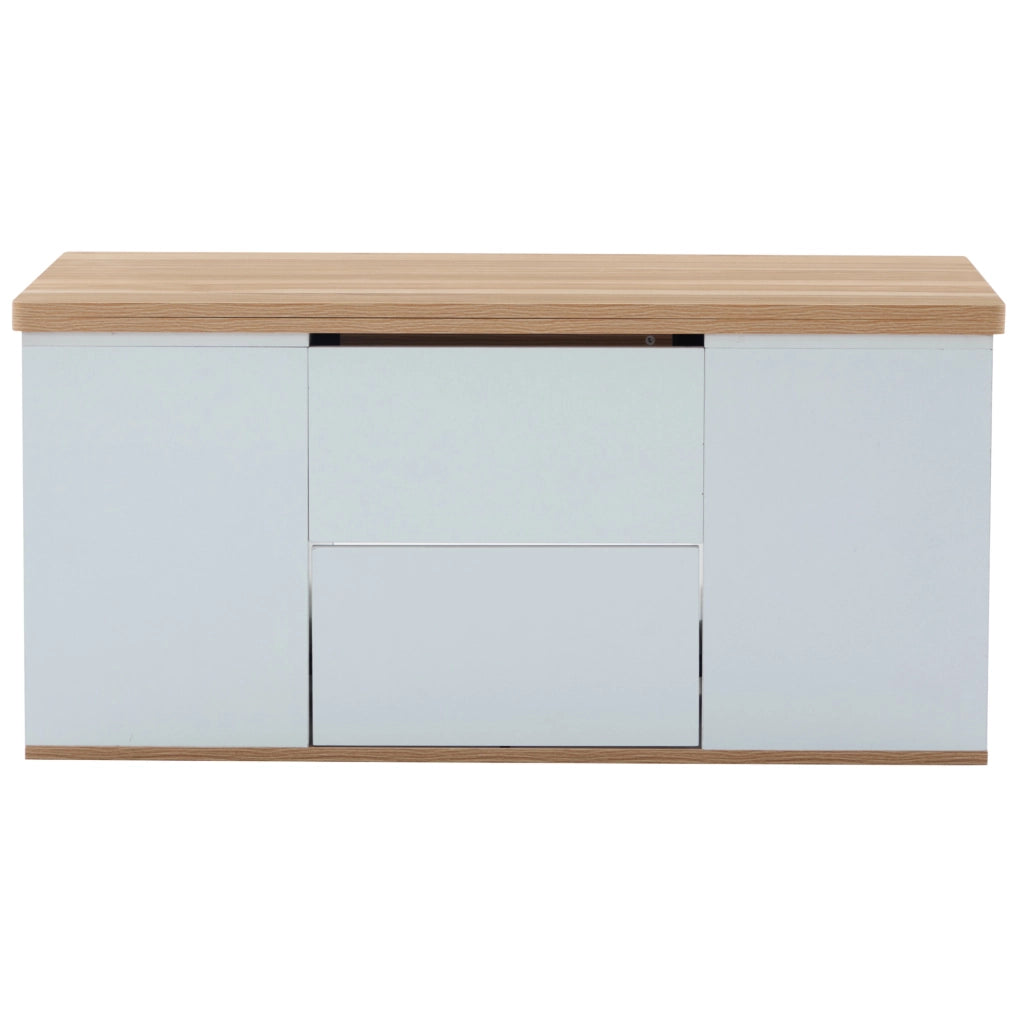 Tavolino da caffè elevabile 100x51x47 cm bianco e legno, 2 cassetti, truciolare,