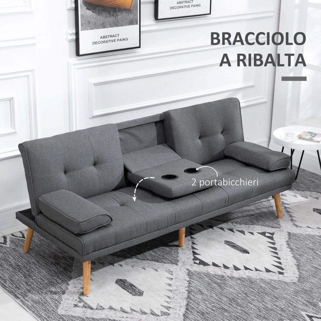 EasyComfort Divano Letto 3 Posti Reclinabile con 2 Braccioli Staccabili, in Tessuto Effetto Lino e Legno di Pioppo, 181x77x78 cm