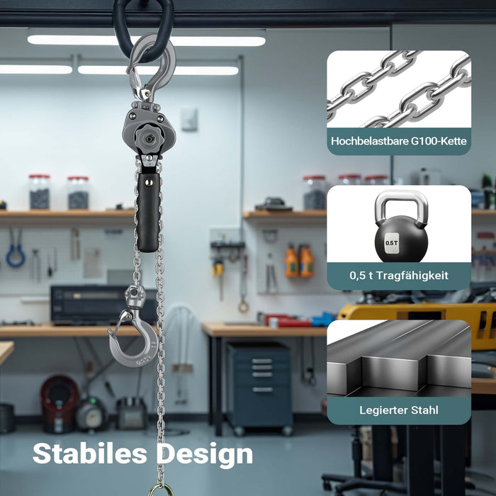Mini paranco a catena manuale VM0.5 fino a 500 kg, altezza di sollevamento di 1,5 m, in alluminio, per il sollevamento di carichi pesanti