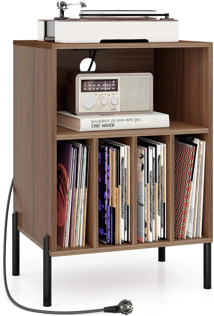 Supporto per Giradischi in Vinil con Stazione di Ricarica, Porta Dischi Vinile Vintege con 5 Scomparti Aperti, Espositore per Dischi Fino a 145 Album per Soggiorno, 53x45x78,5cm (Naturale)