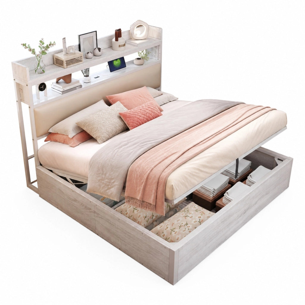Letto matrimoniale con contenitore idraulico e testiera con USB