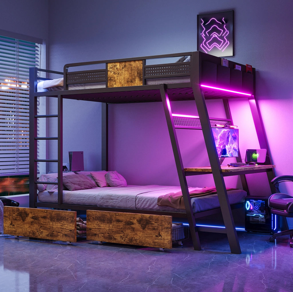 Letto a castello 90x200 cm con scrivania; LED e vani portaoggetti in metallo nero