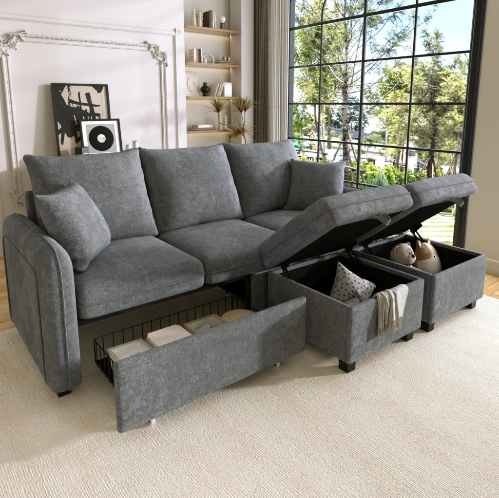 Divano angolare modulare 3 posti con 2 pouf contenitore 188x186x86 cm in chenille grigio scuro