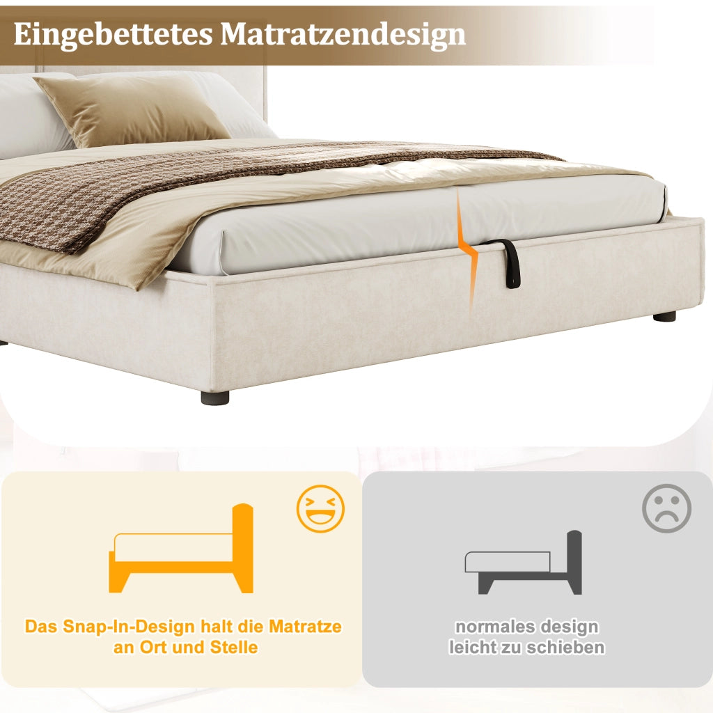 Letto contenitore matrimoniale 160 × 200 cm con sollevamento idraulico, senza materasso, in chenille beige