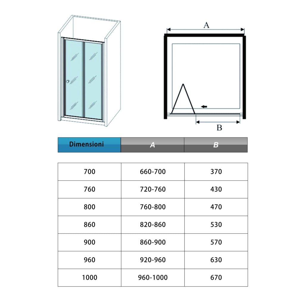 185 cm Box Doccia per Nicchia Porta a Soffietto Vetro Temperato 5 mm Trasparente  Profilo Nero Opaco 96 cm