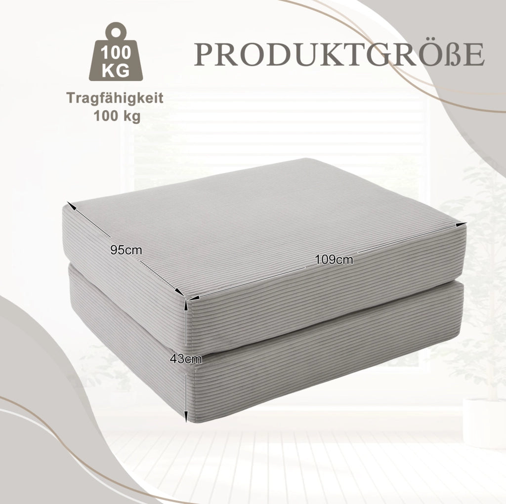 Pouf trasformabile in letto singolo in corduroy grigio chiaro 109x95x43 cm