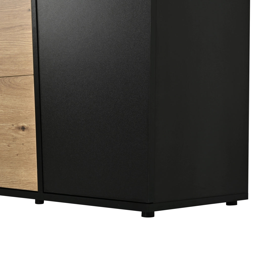 Sideboard 140×35×70 cm in MDF Nero e Legno con 3 Cassetti e 2 Ante Regolabili