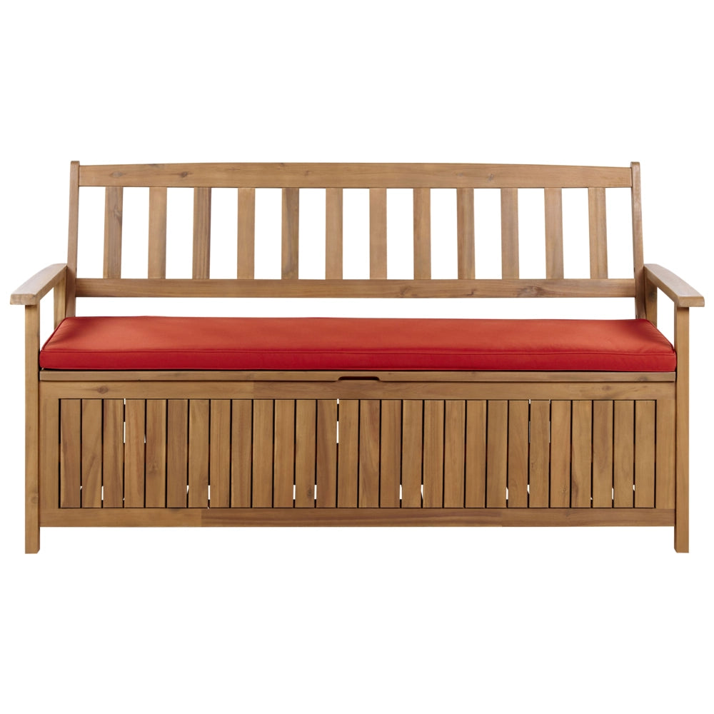 Panchina per esterni con contenitore in legno massiccio di acacia a 3 posti 160 cm con cuscino color rosso