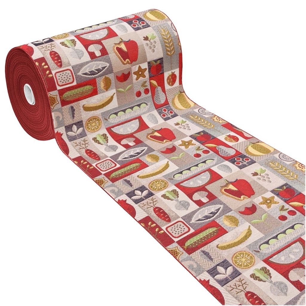 Tappeto Cucina Assorbente Bordato Antiscivolo Frutta e Verdura Passatoia Lavabile 52x190 Cm Bordeaux
