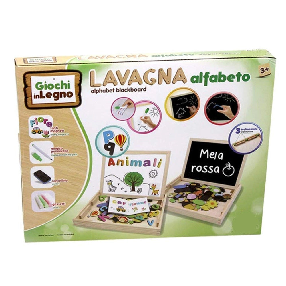 Trade Shop - Scatola Lavagna In Legno 2 Lati Gessetti Pennarelli E Magneti Lettere E Numeri -