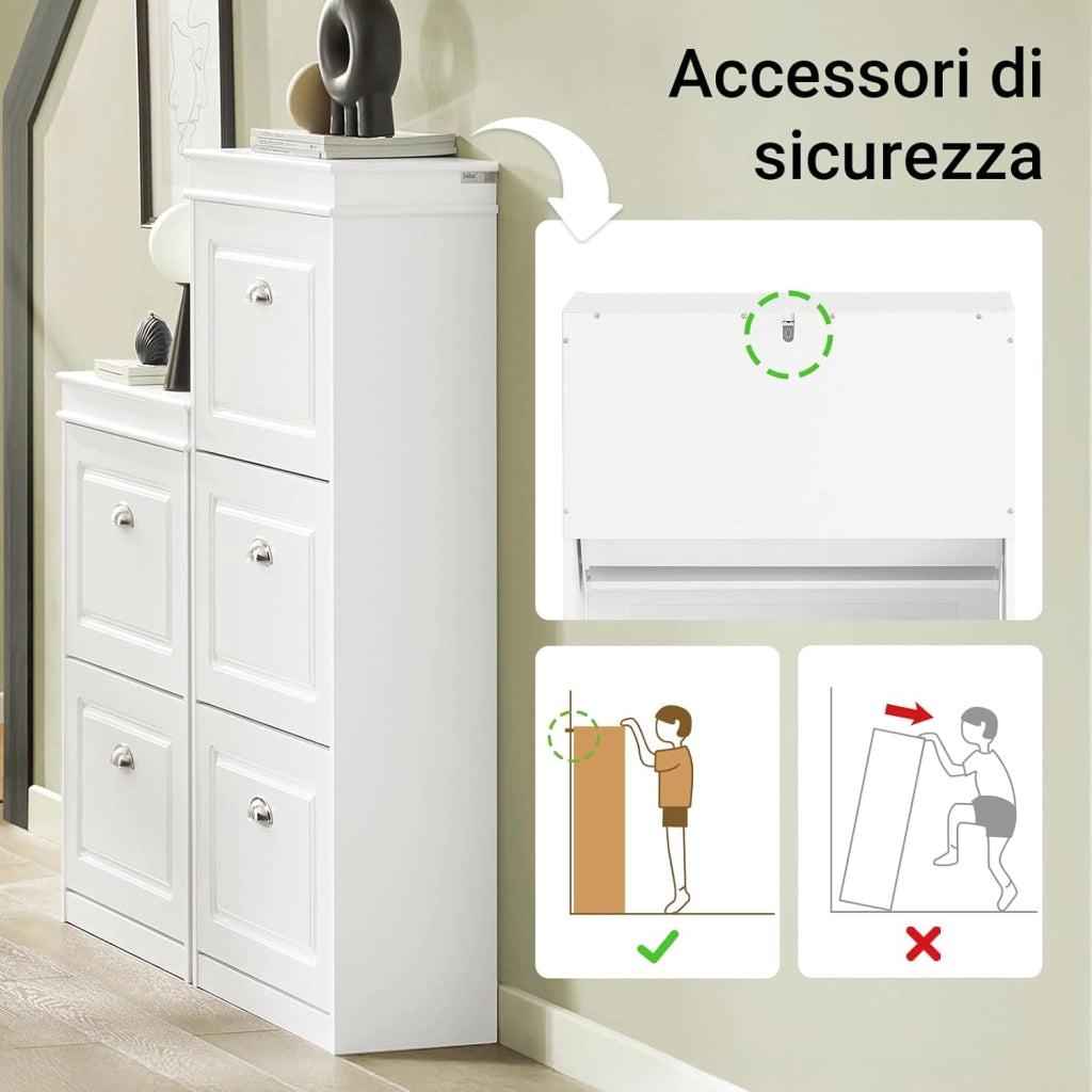 Scarpiera Salvaspazio Slim Legno - Mobiletto da Ingresso 3 Ante a Ribalta, Armadio Portascarpe Scarpiera Moderna per Ingresso, Corridoio o Camera da Letto 53x24x117cm Bianca FSR94-W