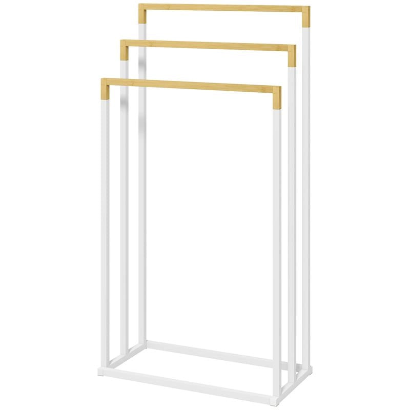 PORTASCIUGAMANI AUTOPORTANTE A 3 SBARRE IN BAMBÙ E ACCIAIO, 45X22.5X86 CM, BIANCO E COLOR LEGNO
