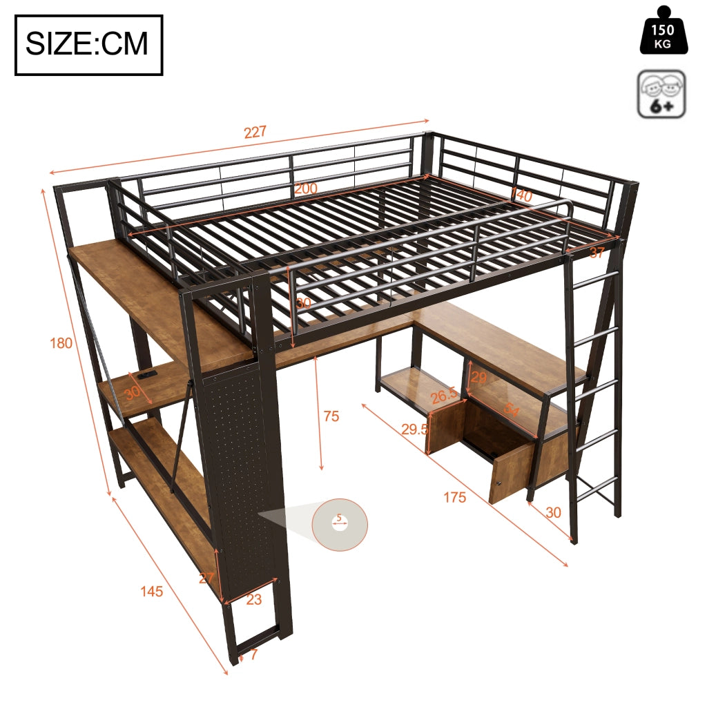 LETTO A SOPPALCO 140x200 cm Nero in metallo con scrivania, LED e USB