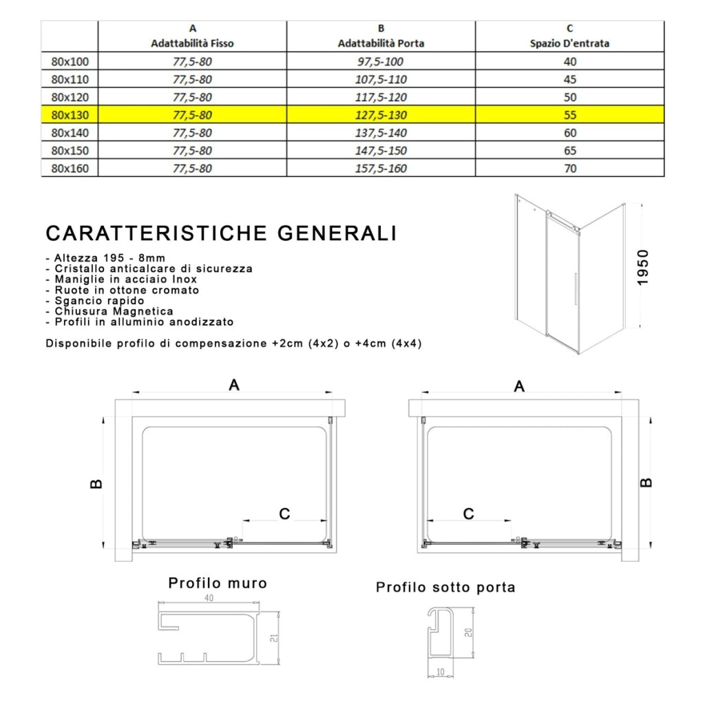 Box doccia due lati trasparente anticalcare porta scorrevole h195 8mm euclide, misura 80x130