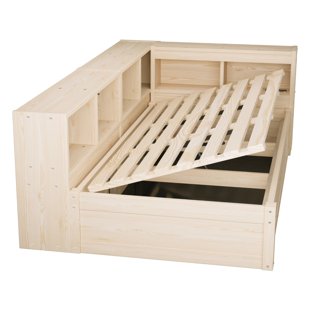Letto multifunzione 90x200 cm con presa; LED e contenitori in MDF colore naturale