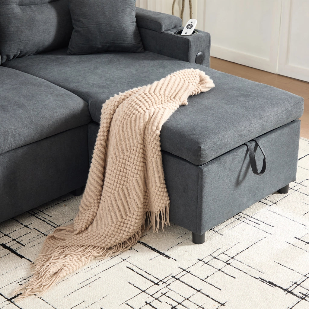 Divano 3 posti effetto lino con chaise longue, letto estraibile, contenitore e USB-C