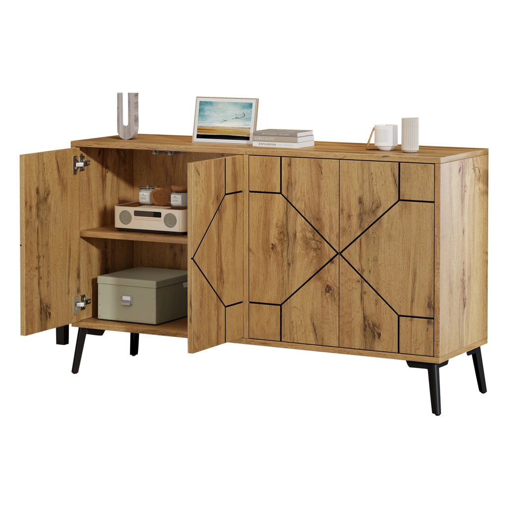 Credenza moderna 120x35x69 cm con 4 ante, 4 scomparti interni, struttura in MDF e gambe in metallo, finitura effetto legno naturale