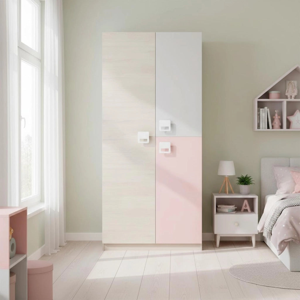 Armadio A 3 Ante Per Camera Ragazzi Con Barra Appendiabiti E 3 Ripiani Design Moderno Salvaspazio 200 X 52 X 90 Cm Bianco Alpi Grigio E Rosa