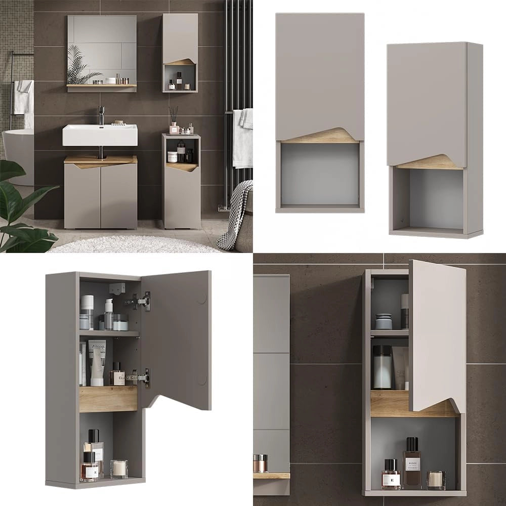 Mobile bagno Marelle, Grigio, 30 x 67 cm con porta e vano aperto, per montaggio a parete per una conservazione salvaspazio
