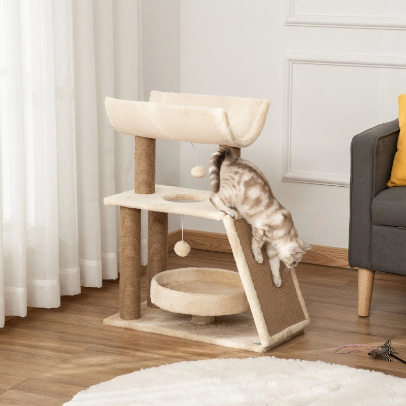 Albero Tiragraffi per Gatti con Lettino e Piattaforma U, 60 x 30 x 76 cm, Colore Naturale