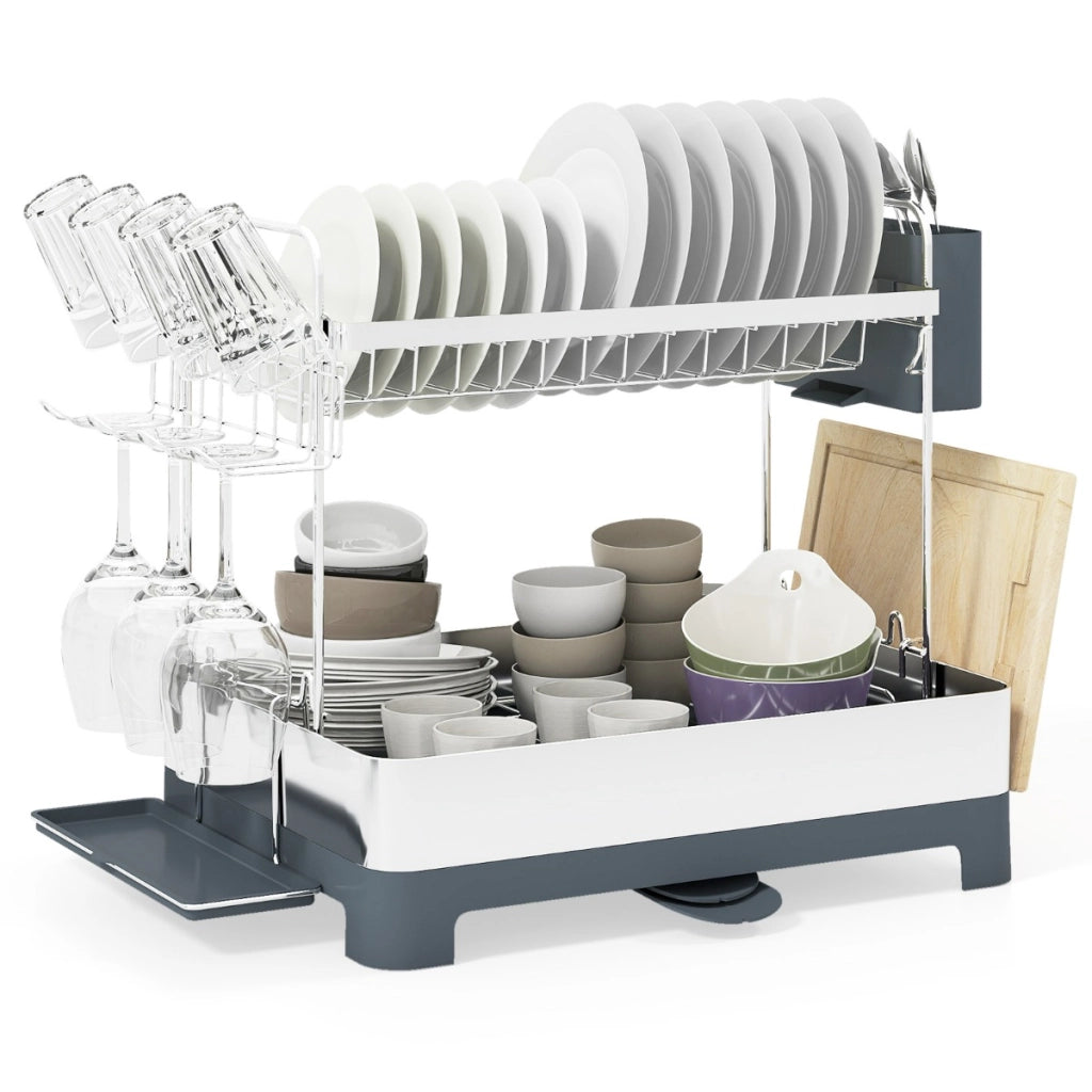 Organizzatore da cucina con bocca estensibile e girevole a 360¡ã, Scolapiatti a 2 livelli acciaio inox con porta bicchieri Argento-Scolapiatti