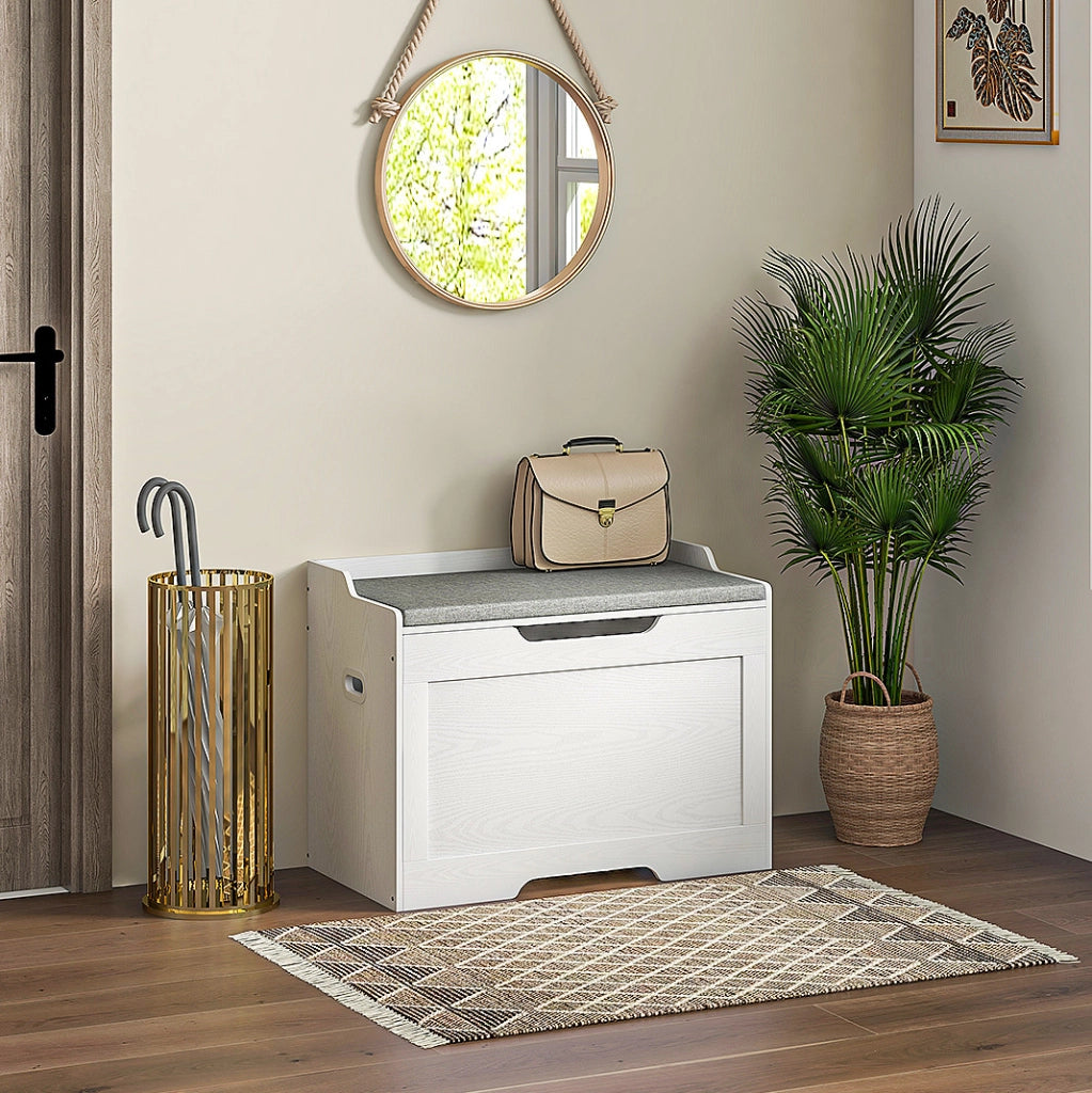 Panca contenitore con coperchio e cuscino removibile; 75 x 40 x 56 cm; bianca