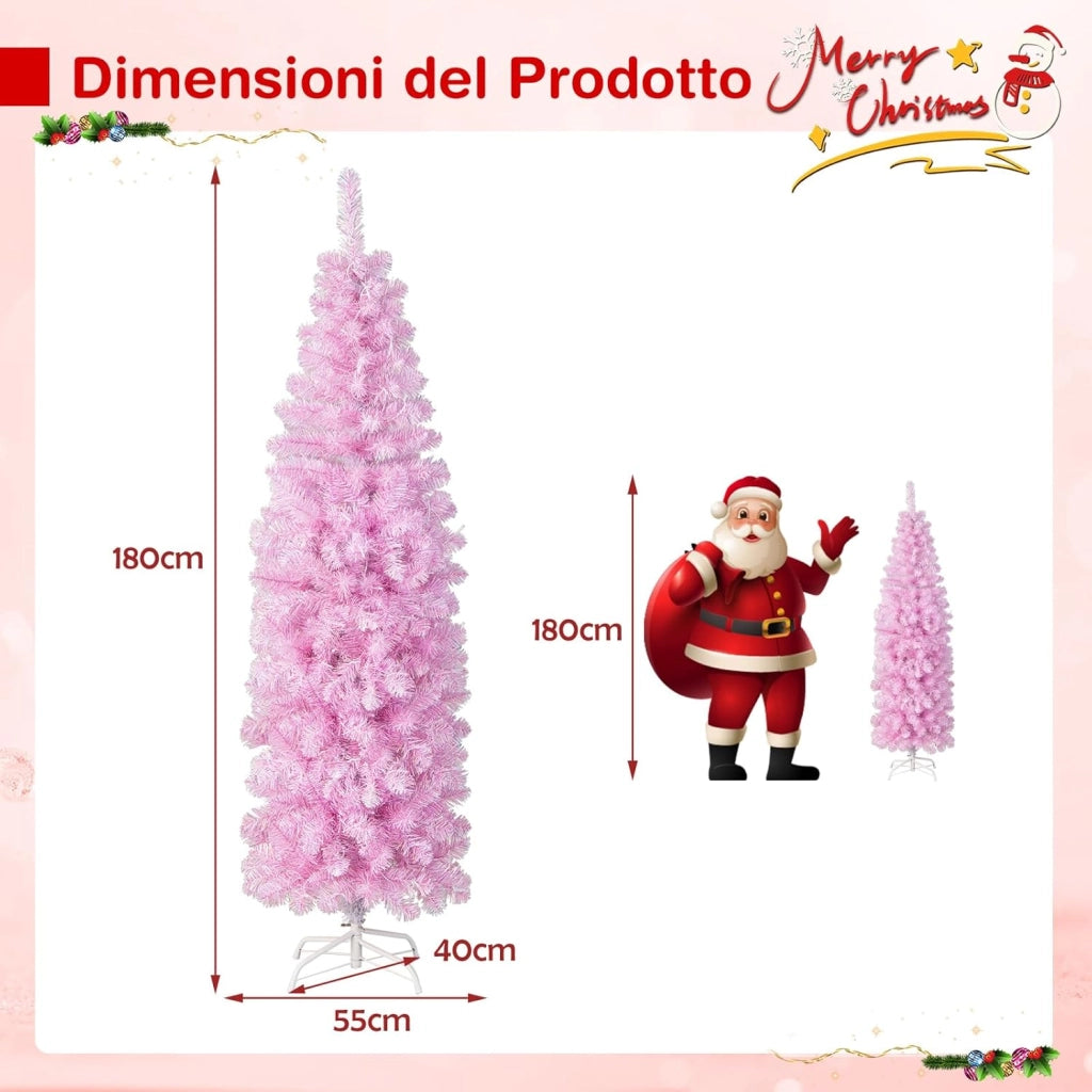 Albero di Natale Artificiale Pre-Illuminato da 180 CM, Albero di Natale Slim Rosa con 475 Rami, 250 Luci LED, Base Pieghevole in Metallo, Decorazione Natalizia per Casa Ufficio Feste