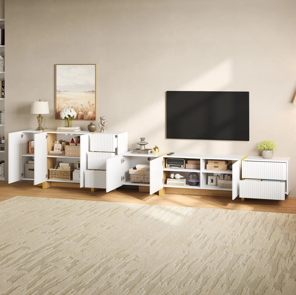 Combinazione mobile TV con sideboard a effetto riga 190 cm; bianco in MDF e PB