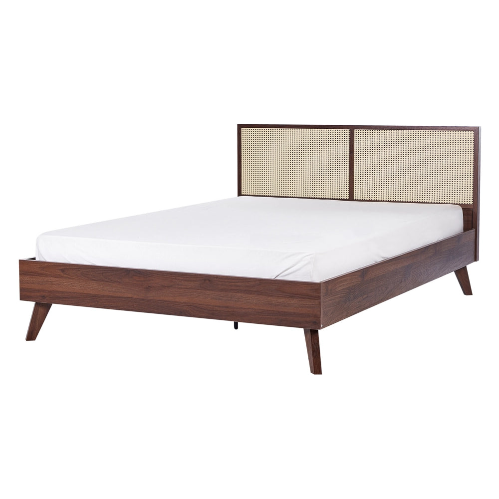 Letto matrimoniale legno di pioppo scuro con testiera in vimini 140 x 200 cm camera da letto moderna boho minimalista