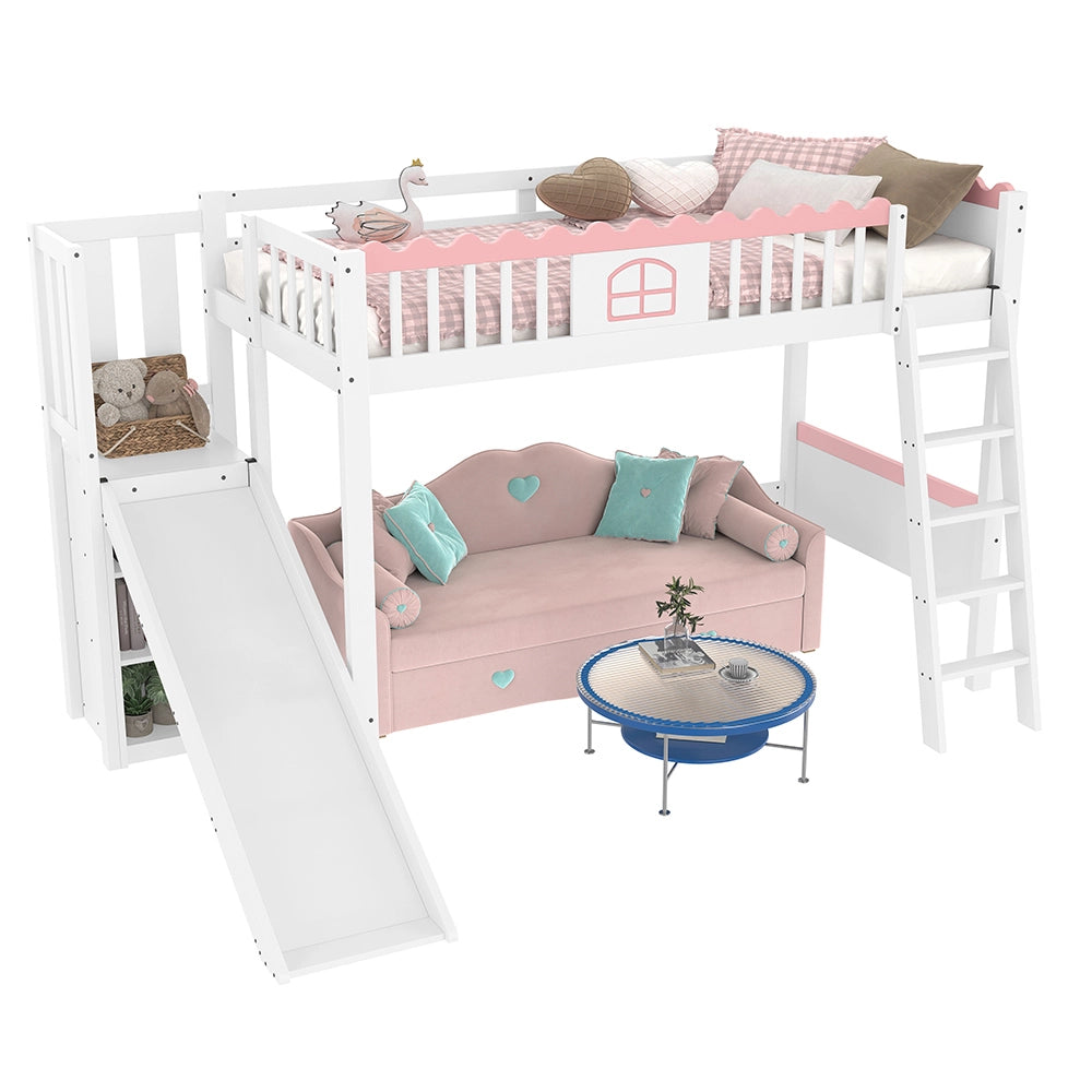 Letto a Soppalco Bambini con Scivolo – Xylo – 90x200cm, Pino, Luci LED, Scaffali, Cert. EN747, Bianco, Senza Materasso