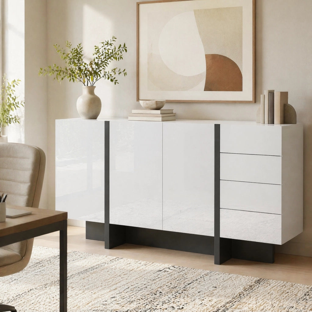 Sideboard moderno bianco lucido 150 cm con 2 ante e 4 cassetti; in MDF e truciolare; bianco nero