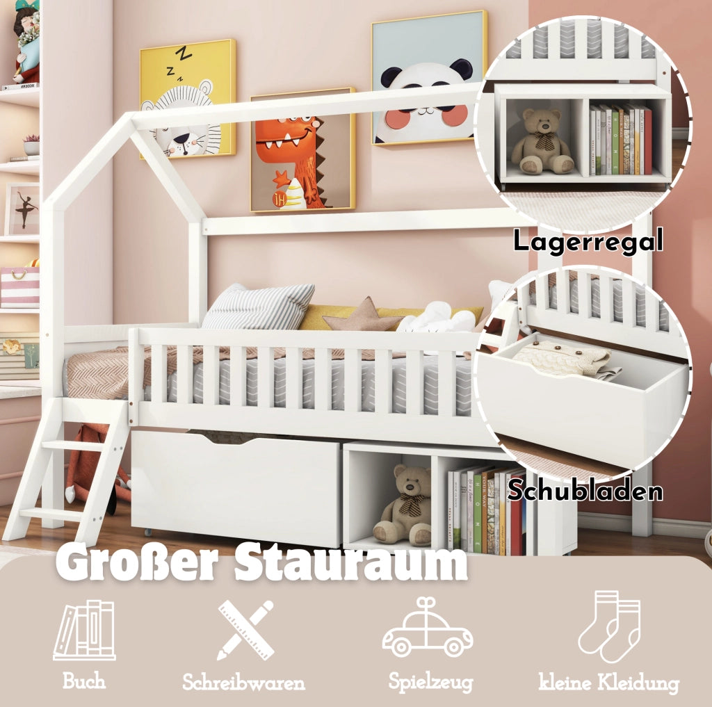 Letto a casetta per bambini 90x200 cm in legno di pino con scala; cassetti e sponde; bianco
