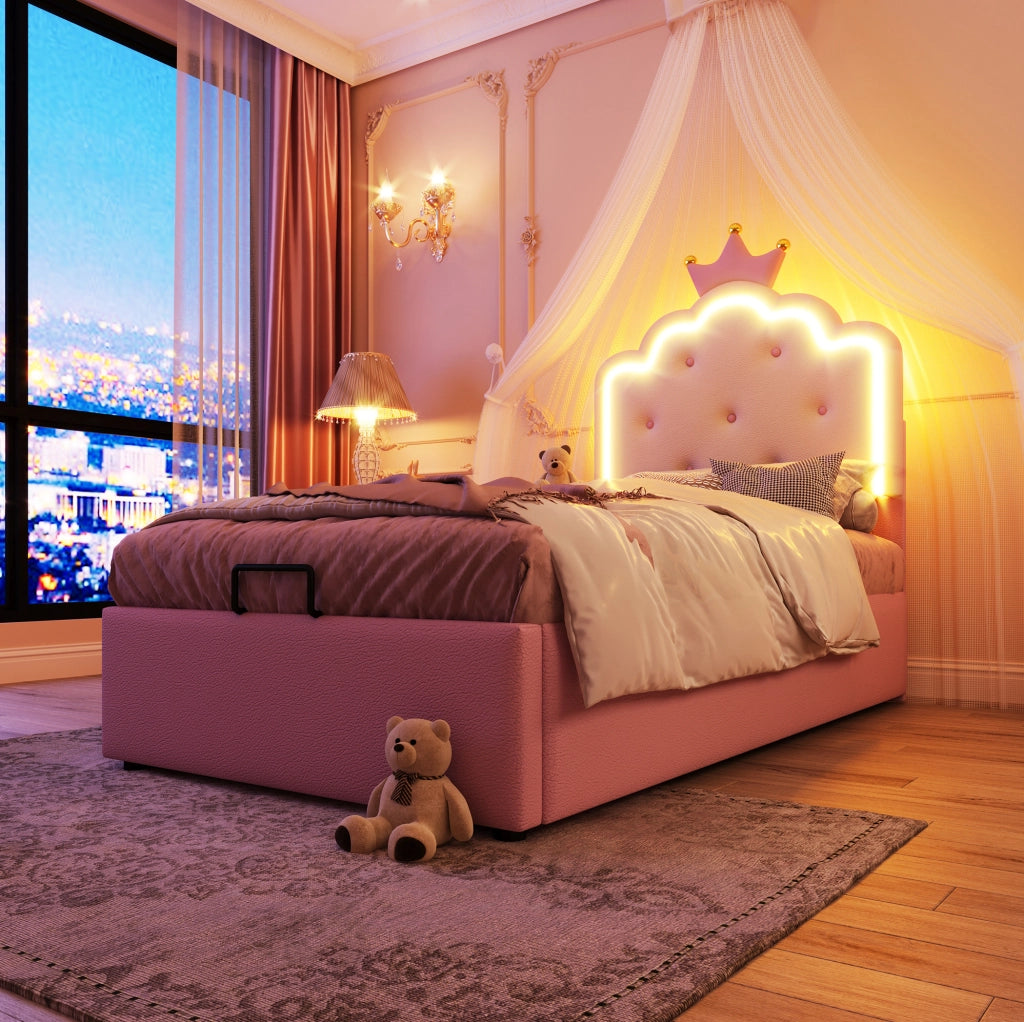 Letto imbottito ULEVR 90x200 cm con contenitore idraulico, LED con telecomando e rete a doghe, rosa