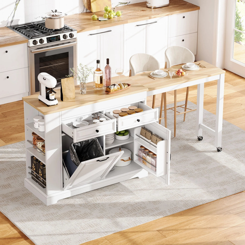 Mobile contenitore con 2 cassetti e piano estraibile per cucina; in MDF; 112-180x45x92 cm; bianco