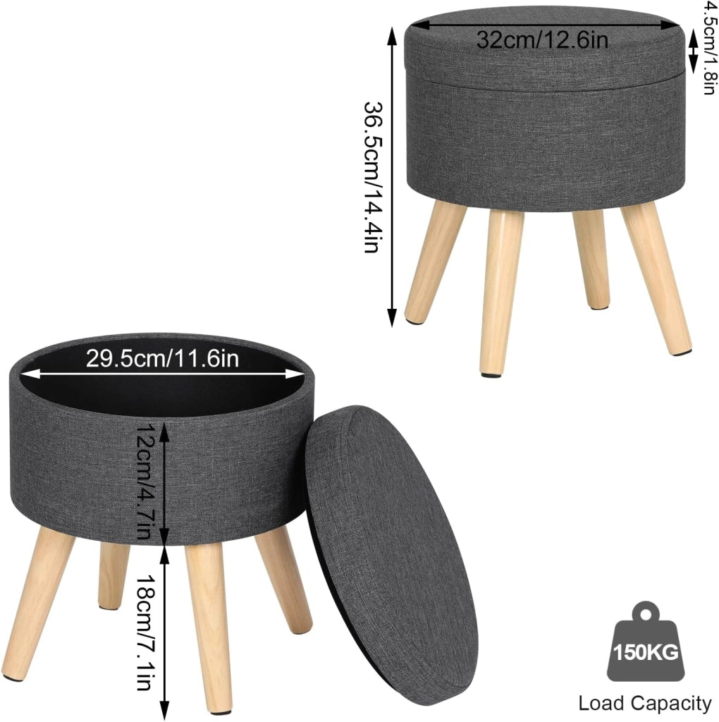 Pouf Contenitore Sgabello Basso Sedia Rotonda Poggiapiedi Gambe in Legno Grigio Scuro