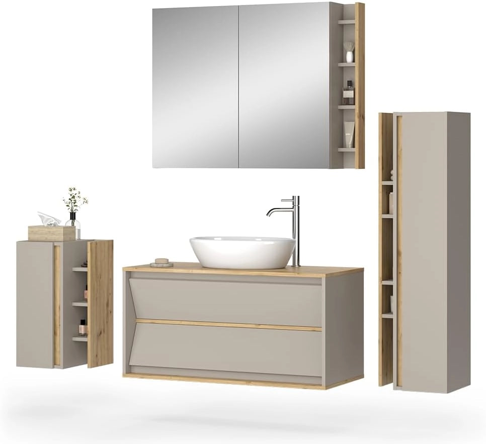 Set di mobili da bagno Edelin, Cachemire, 100 cm, composto da mobile sottolavabo, specchiera, armadio medio e pensile