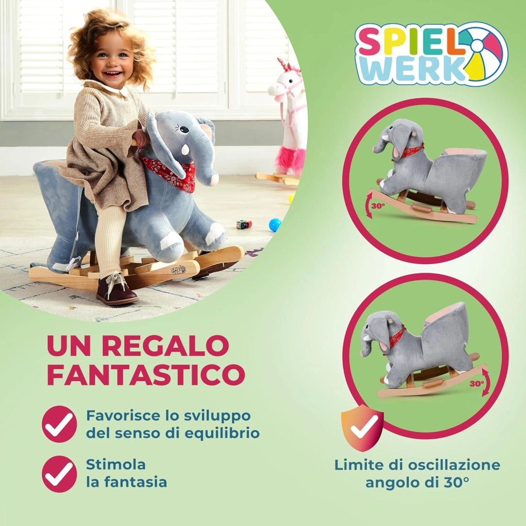 Elefante di Peluche a Dondolo in Legno con Suoni Cintura di Sicurezza Giochi Infanzia Bambini Giocattolo Regalo