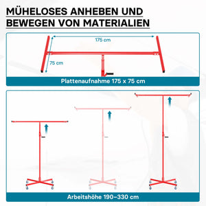 Sollevatore pannelli cartongesso max 50kg, altezza 190-330cm, Carrello Alzapannelli Alzalastre